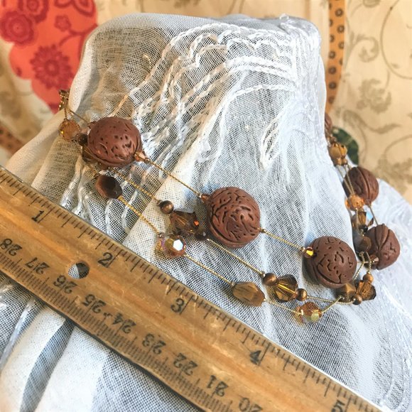 Dabby Reid Necklace Swarovski Crystal Tigers Eye Seed Gold Plated Chain Signed - Picture 4 of 9